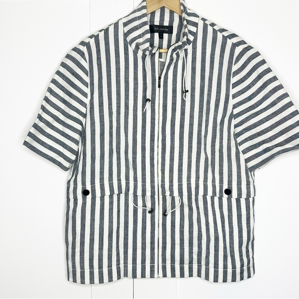 St. John Striped Linen short sleeve Jacket Small relaxed nautical coastal zip
